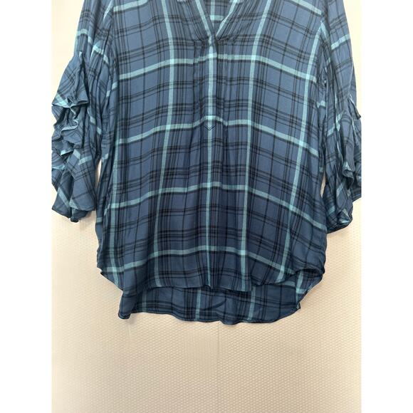 Vince Camuto Plaid Ruffle Sleeve Blouse Blue Teal Check V-Neck Casual Top Medium - Picture 3 of 10